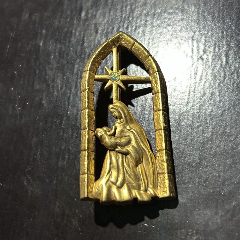 Vtg Signed Danecraft Mary Holding Baby Jesus Below A Shining Star Pin Brooch